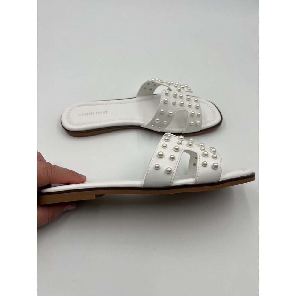 Centro Point Womens Pearl Flat Sandals White H Strap Slide Size 9 C16117-PRL - Picture 6 of 9